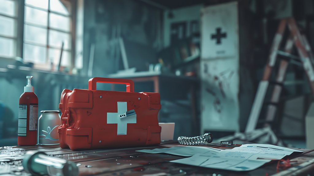 First aid kit on a table in a workshop